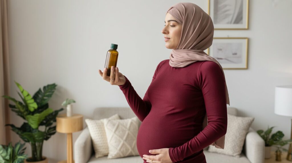 امرأة حامل تحمل زجاجة زيت شجرة